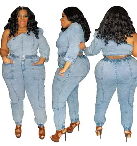 trending products 2022 new arrivals fashion casual washed plus size jean for woman jean two piece set
