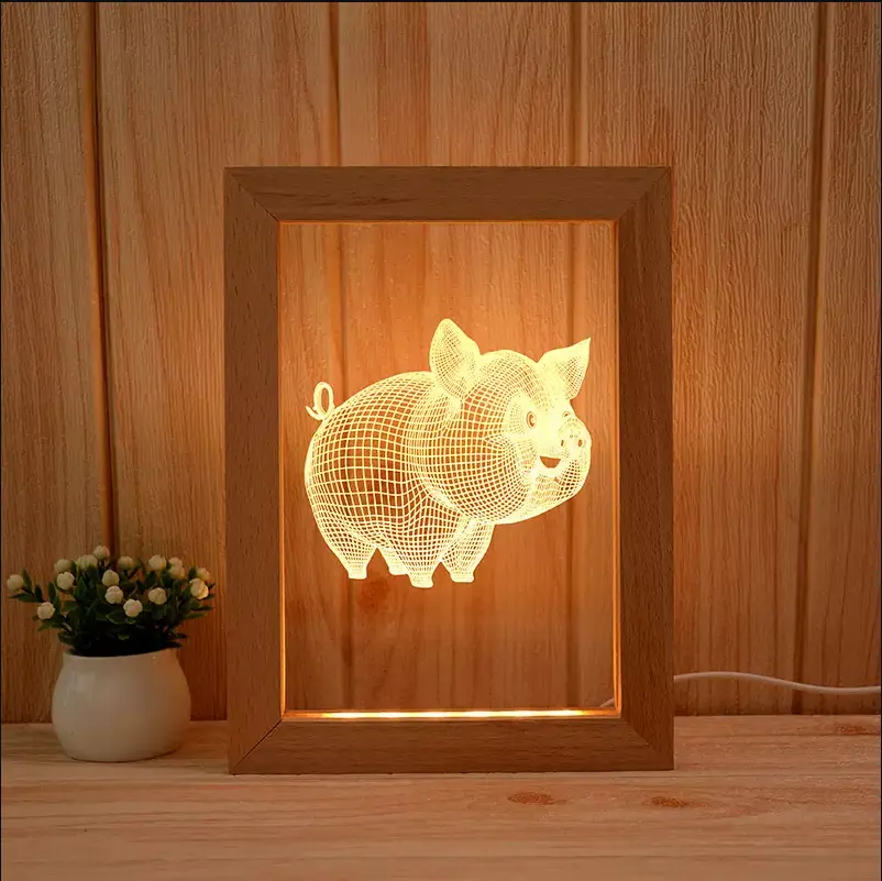 Howlighting Custom Design 3D Illusion 7 Color Touch Home Decor Wood Photo Frame 3D Acrylic Led Night Light For Kids