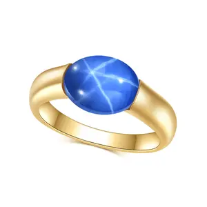 C4486R Abiding Classic Cabochon Cut Cats Eye Lab Blue Star Sapphire Stone Channel Setting Gold Plated 925 Silver Ring