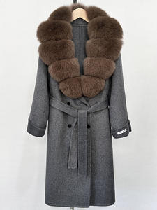Manteau de laine de luxe à la mode avec ceinture gros poignets en fourrure de renard véritable manteau de laine long manteau de laine de cachemire femmes - Product Image 3