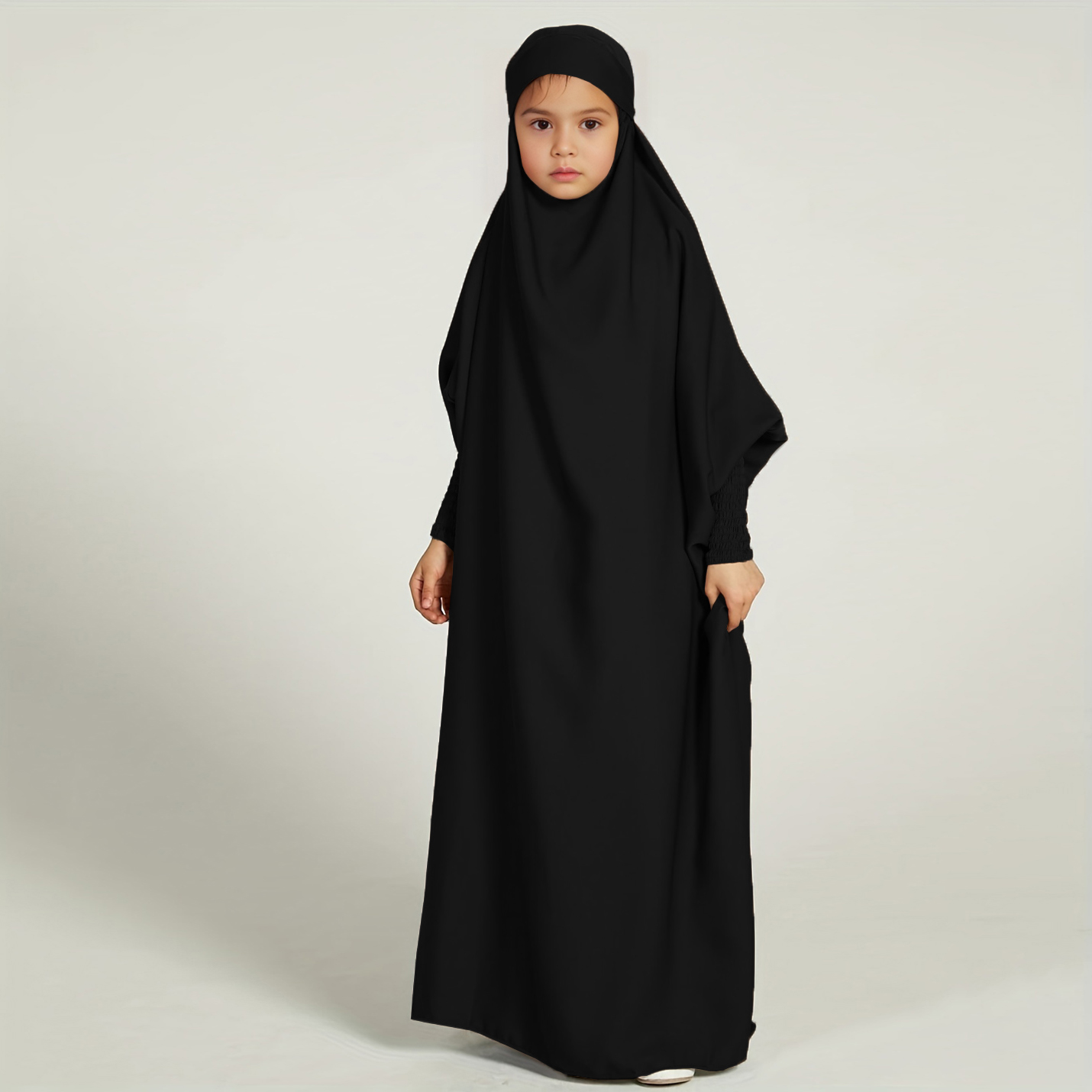 Pringbud Ramadan Middle East Kids Muslim GirlsIslamic Clothing Children Long abaya Dresses Solid Bat Sleeve Arabic Abaya