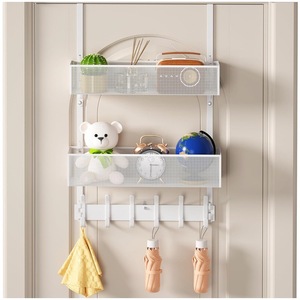 White Door Storage Rack 2 Tier <b>Hook</b> Type Punch Free Wall Organizer for Bedroom <b>Bathroom</b> Entryway - Product Image 5