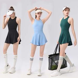 Gaun Tenis Y-Dress Campuran Spandex/Nilon Cepat Kering Kerah Bulat Tanpa Lengan Celana Pendek Tarik Naik dengan Bantalan Dada Celana Dalam - Product Image 2
