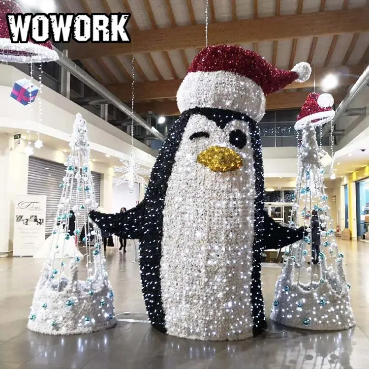 WOWORK venta al por mayor Navidad 3D 2D LED calle motivo luz personalizado pingüino forma fotografía telón de fondo para Centro Comercial tienda