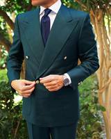 Custom Made Green 2 buah tuksedo pengantin pria, dua kancing puncak kerah pengiring pengantin pria setelan pernikahan Blazer (jaket + celana)