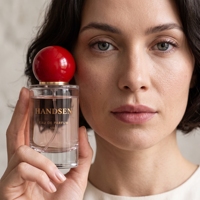 Flacon de parfum de luxe en verre transparent 50 ml, vide, avec pulvérisateur, bouchon rond rouge, atomiseur à fine brume, logo personnalisé, vente en gros