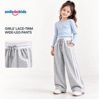 Smiledotkids Pantalon de survêtement personnalisé pour enfants, coupe large, gris, avec bordure en dentelle, taille à cordon de serrage, doux, OEM ODM, pour tout-petits garçons et filles, vente en gros