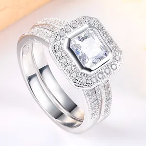 Tonglin कला डेको 925 चांदी TL-311 गहने अंगूठी जिक्रोन Asscher कट सोना मढ़वाया महिलाओं की शादी की अंगूठी सेट