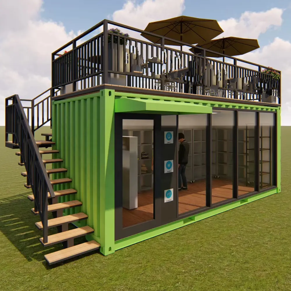 Contenedor Pop-up de dos pisos café restaurante bar cafe Kiosk, uso de cabina casas prefabricadas de acero