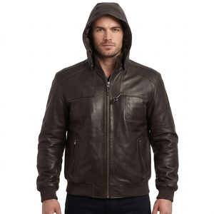 Wholesale <b>Men</b> Real <b>Leather</b> Zippered Eco-Friendly Hooded <b>Jacket</b> Dark <b>Brown</b> Detachable Hood Bomber Custom Aviator Flight Outerwear - Product Image 1