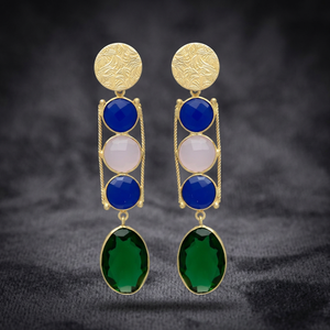 <b>Emerald</b> Hydro & Sapphire Gemstone Long Drop <b>Earrings</b> <b>Gold</b> Tone Ethnic Style Statement <b>Earrings</b> for Women by Jaipur Gems Jewelry - Product Image 3