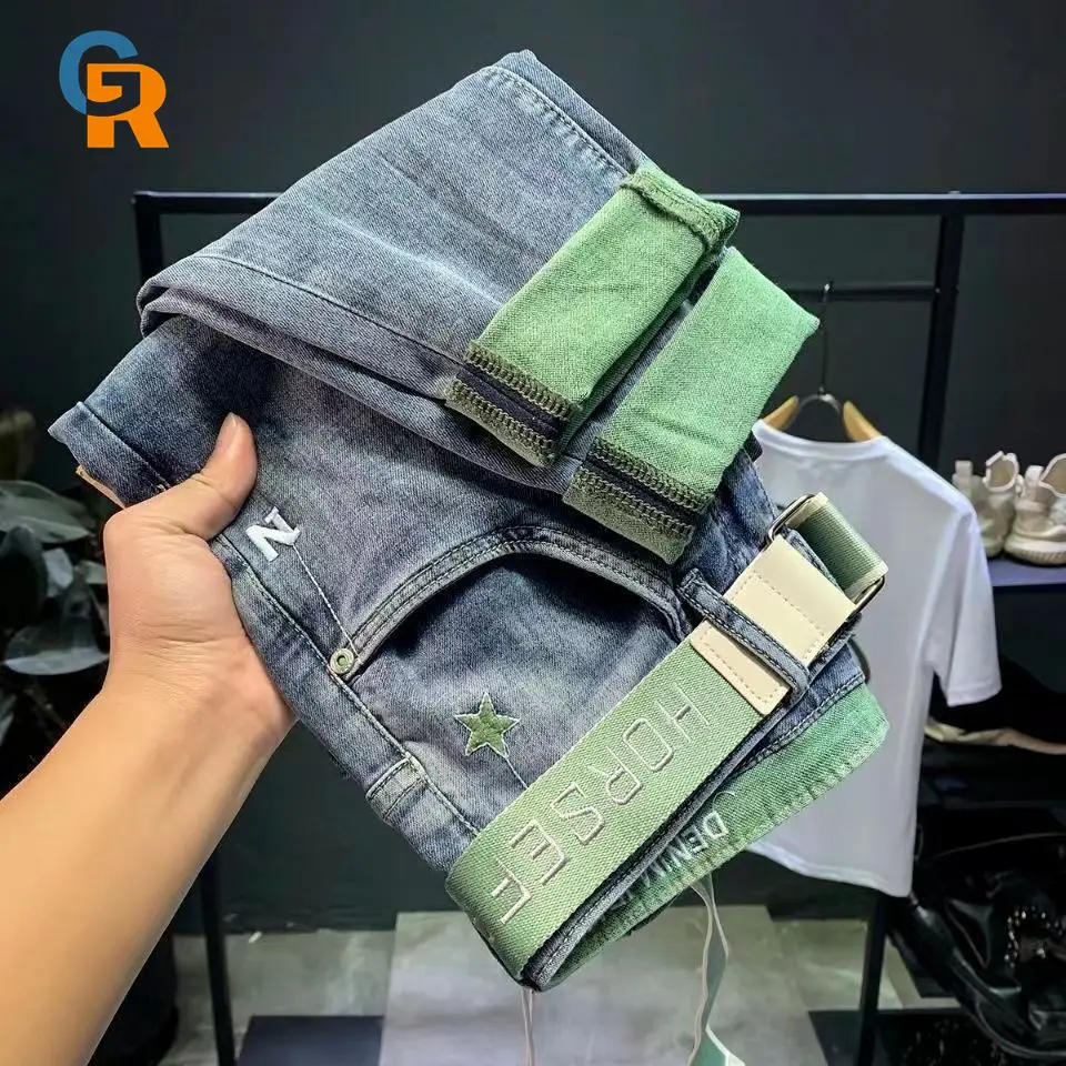 New 2022 Oem Men's Denim Blue Jeans High Quality Thin Embroidered Print Design Street Casual Fashion Men's Jeans