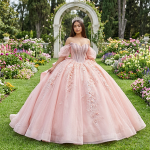 Robe de bal Lsmc137 en satin avec appliques de perles, longueur ras du sol, taille naturelle, traîne chapelle, style vintage, pour soirée, Quinceañera ou mariage - Product Image 1