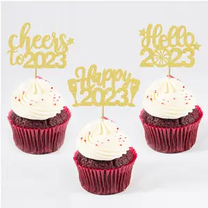 グリッターゴールド2023新年ケーキトッパーカップケーキの装飾ハッピー大晦日パーティーケーキトッパーデコレーションフラグXQA8030