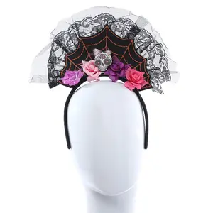 Nova linhas moda flor véu mulheres tiara para halloween