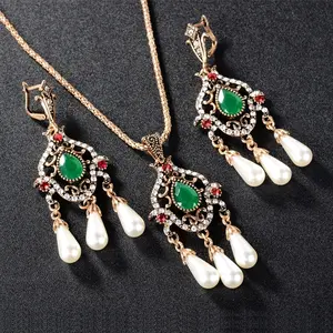 Ensemble collier et boucles d'oreilles en strass et cristal pour femmes, design de luxe, Antique, émeraude, ruvis, goutte d'eau, perles