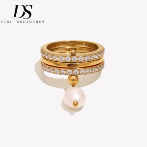 Anillo Colgante Dreamshow <span class=keywords><strong>de</strong></span> Acero Inoxidable 316L Chapado en Oro con Circonita y Perla, Joyería <span class=keywords><strong>de</strong></span> Moda, Talla Fija, Regalo para Mujer - Product Image 1