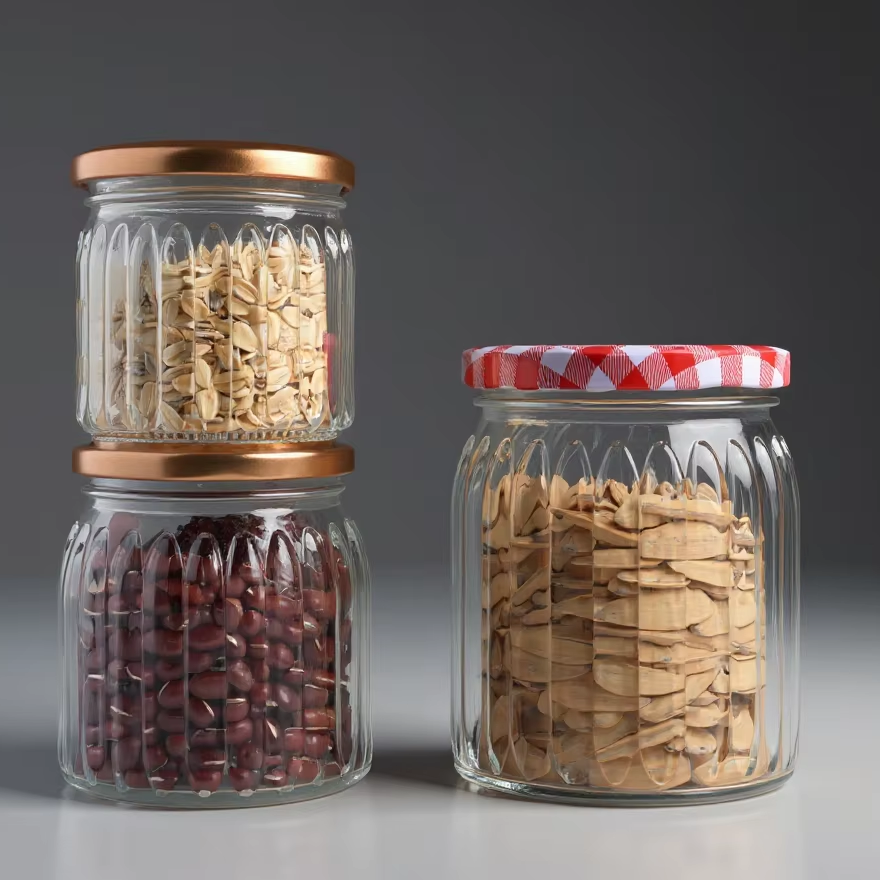 High Quality Vertical Striped Glass Jar with sealed Metal Screw Cap for Storing Jam Honey Oats and Dry Goods in the Kitchen