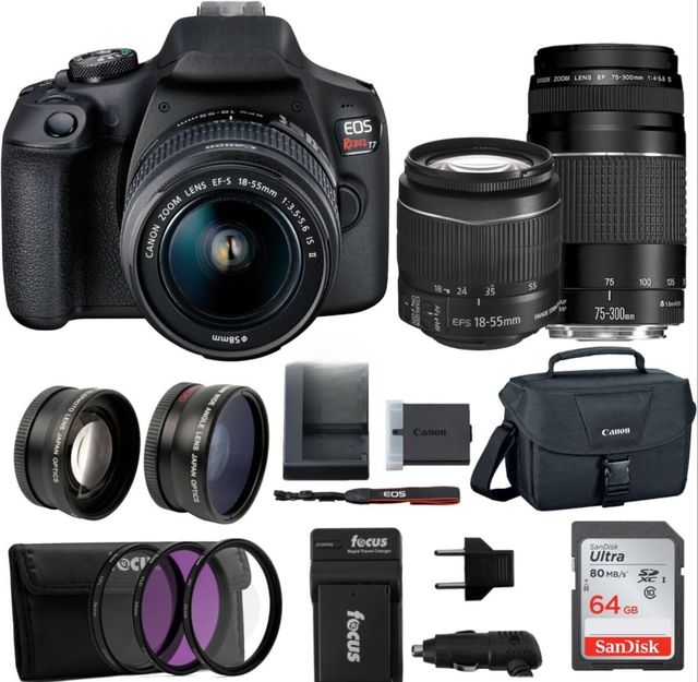 Newly Sold Rebel T7 DSLR Camera 2 Lens Kit with EF18-55mm 75-300mm Lenses SD Card 4K Video Electronic Image Stabilization Black