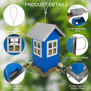 JH-Mech Vogelvoederhuisjes voor Buiten, Hangend, Eekhoornbestendig, Blauw, met 4 Voeropeningen en Verwijderbaar Dak, Metalen Hangende Vogelvoederbak - Product Image 3