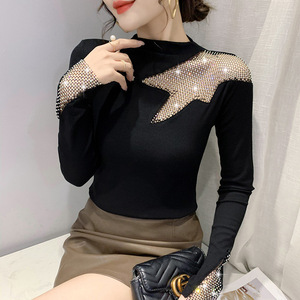 Fall Internet Hot Long Sleeves Retro <strong>Shiny</strong> Shirt Elegant Slimming Inner Slim Hollow <strong>Top</strong> for Women - Product Image 3