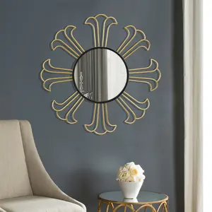金粉コーティング仕上げの装飾的な金属製ウォールミラーと家庭用の優れた品質の丸い形の葉のデザイン