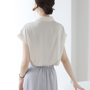 2025 camicetta in raso a maniche corte da donna in stile francese con bottone Casual <span class=keywords><strong>abbigliamento</strong></span> professionale da <span class=keywords><strong>ufficio</strong></span> estivo - Product Image 3