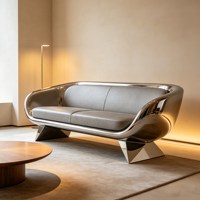 Canapé 3 places de luxe moderne en acier inoxydable poli, design sculptural avec cadre creux, pour salon