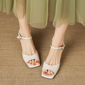 2026 Simple Elegant Nude Cow Leather Sandals Women Square Open Toe Block Heel One <b>Strap</b> <b>Buckle</b> Leather Shoes Up To Size 42 - Product Image 3
