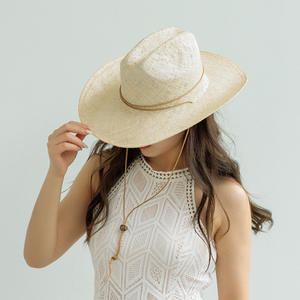 100% chapeau de <span class=keywords><strong>Cowboy</strong></span> à large bord en sisal naturel avec <span class=keywords><strong>ficelle</strong></span> de <span class=keywords><strong>cravate</strong></span> chapeau de paille naturel tissé à la main pour l'été chapeau de paille de plage en plein air - Product Image 2
