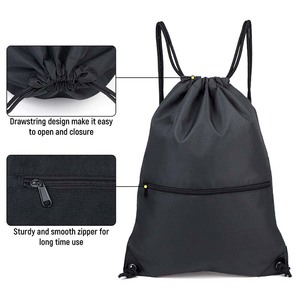 Factory Custom Logo Black <b>Drawstring</b> Backpack <b>Bag</b> Sport Gym Draw String <b>Bag</b> with Zipper Pocket - Product Image 2