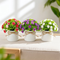 Bunga Pot Plastik Mini Buatan, Rangkaian Bunga Tiruan dengan Pot Terbungkus Tali 14 cm, Dekorasi Rumah & Meja
