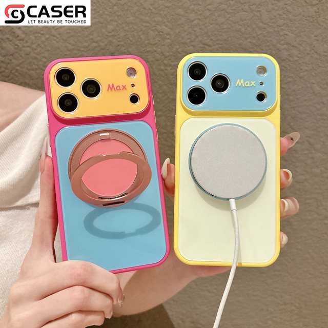 Candy Color Contrast iPhone Case With Magnetic Ring Stand Large Camera Window Max Lens Cute Phone Cover for iPhone 13-18