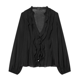 ZEVITY Camicia da donna <span class=keywords><strong>elegante</strong></span> con scollo a V e volant a cascata, design a tinta unita, in chiffon, a maniche lunghe, slim fit, chic - Product Image 3