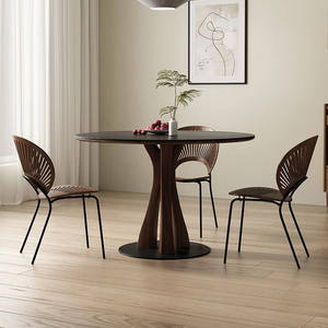 Tavolo da Pranzo Artistico Rotondo in Pietra Sinterizzata con Base Curva in Legno di Noce, Arredamento Moderno per Cucina - Product Image 2