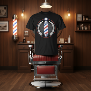 Camiseta Barber Pole negra con cuello redondo para hombre, diseño gráfico de barbería - Product Image 3