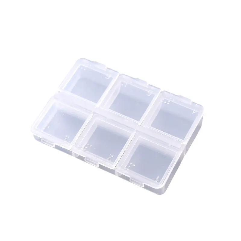 Boîte de rangement à 6 grilles pour les cristaux d'ongles Charms Jewels Rhinestone Acrylic Nails Tip Box Vide Bead Stone Storage Container