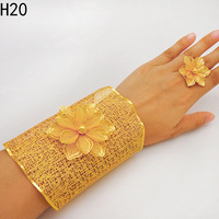Ensemble de bracelet et bague plaqué or de Dubaï, grand modèle, gravé à l'ordinateur, style Moyen-Orient, pour mariage, bracelet de mode pour femmes.