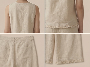 Completo due pezzi <span class=keywords><strong>beige</strong></span> effetto <span class=keywords><strong>lino</strong></span> da <span class=keywords><strong>donna</strong></span>, top senza maniche e <span class=keywords><strong>pantaloni</strong></span> a gamba larga con orlo sfrangiato, set casual estivo coordinato - Product Image 4