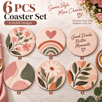 Ensemble de 6 dessous-de-verre en cuir bohème, motif floral rose en forme de cœur, absorbants, résistants à la chaleur, antidérapants, pour la maison, la cuisine, le bureau