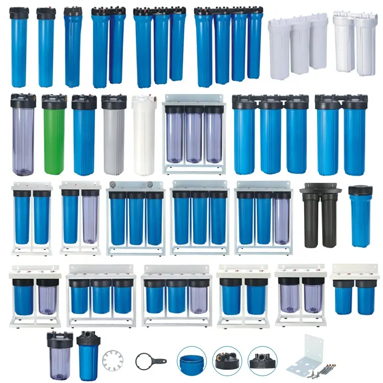 Grande alloggiamento filtro per acqua trasparente in plastica blu con jumbo, intera casa, produttore 5 pollici 10 pollici 20 pollici