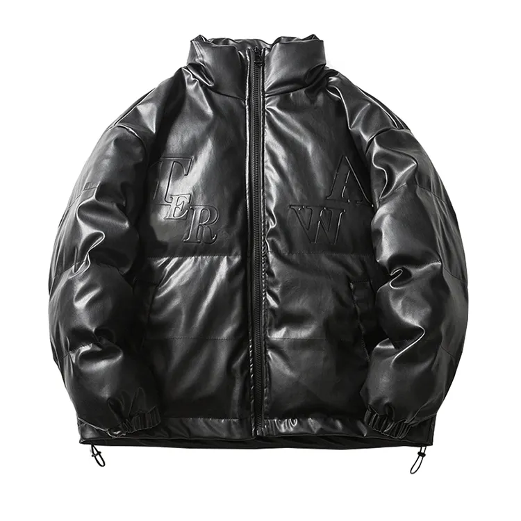 new fashion style cool leather men winter jackets custom embossed letters casual puffer jacket black bubble coat