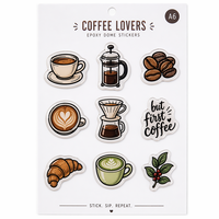 Autocollants de café en époxy personnalisés en forme de dôme, feuille A6, décalcomanie vinyle 3D effet cristal pour agenda, journal, thème café, faible MOQ