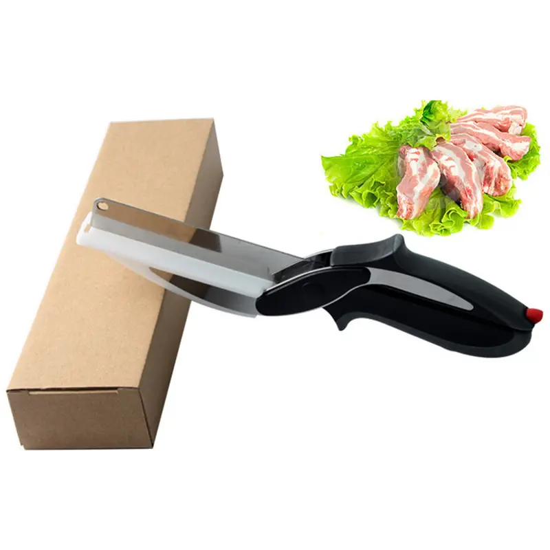 قطاعة طعام ذكية 2 في 1 سكين مقص مع لوح تقطيع مدمج لتقطيع الفواكه والخضروات واللحم