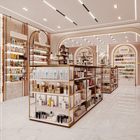 Comptoir de réception moderne rose pour salon de beauté avec mur d'accentuation circulaire LED, niches d'exposition personnalisées pour boutique, design complet
