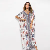 Vestido longo de praia feminino, robe cafetã manga comprida decote em v vestido de cobertura de praia floral verão