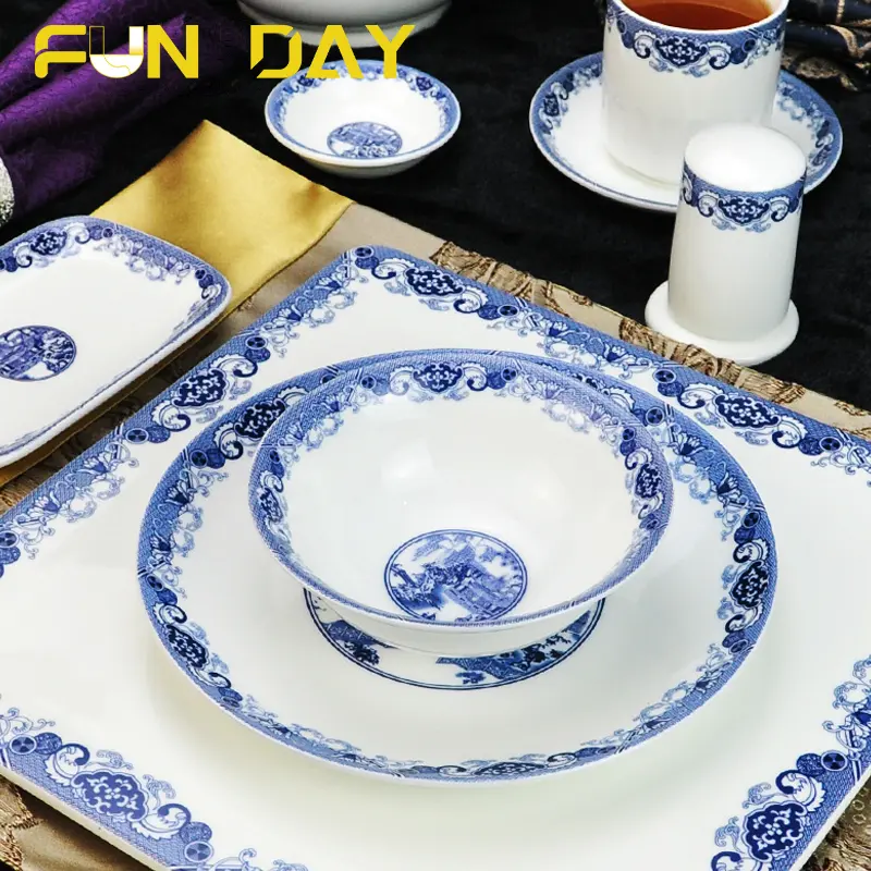 Çin tarzı mavi ve beyaz porselen lüks restoran Catering malzemeleri yıldız anma oteller sofra kemik porselen seti