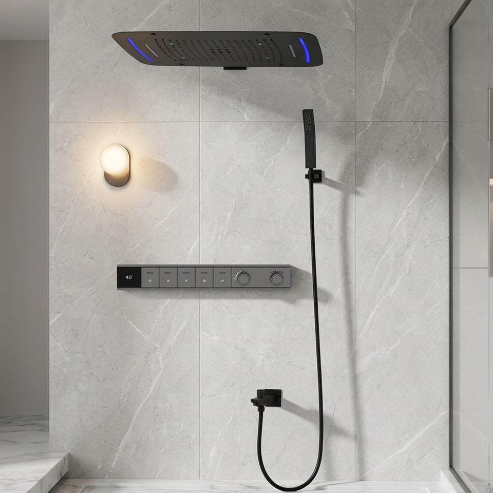 Luxury Matte Black Thermostatic Shower Set Recessed Stainless Steel LED ...