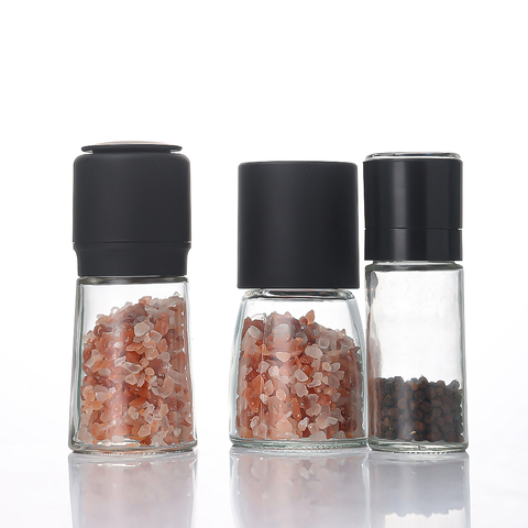 BBQ Kitchen Gadget Manual Mini Black Plastic Ceramic Dry Spice Mill Glass Jar Salt and Pepper Grinder Mill With Creamic Lid