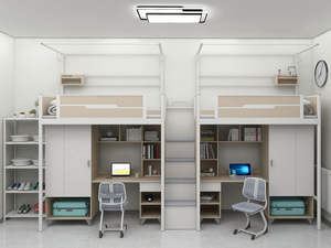 Lit superposé en bois et acier pour dortoir étudiant, gain de place, avec bureau et armoire, mobilier scolaire, lit mezzanine - Product Image 6